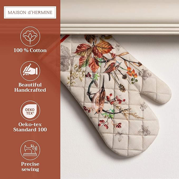 Maison d' Hermine Oven Gloves 100% Cotton Oven Mitt 7" x 13" with Loop Heat Resistant, BBQ, Cooking Gloves, Baking, Grilling, Kitchen, Handling Hot Pans (Pack of 1, Recolte)
