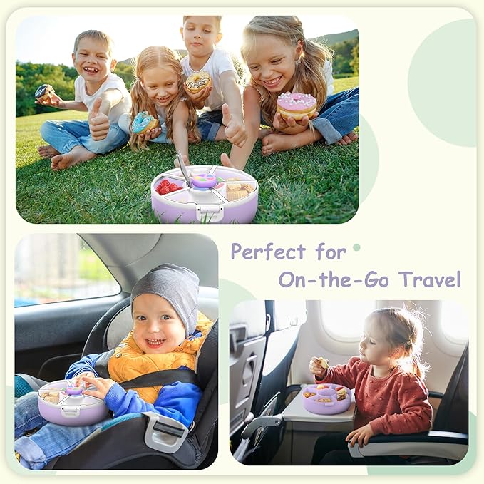 Kids Reusable Rotating Snack Container with 5 Separate Compartments, Color Matching Opening Lid, BPA/PVC-Free, Dishwasher Safe, Perfect for Travel, School Lunches & On-the-Go Snacking-Purple