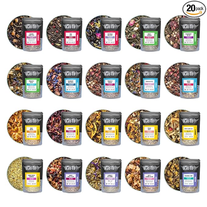 Tiesta Tea - Discovery Sampler Dry Flight Set, Loose Leaf, High to No Caffeine, Hot & Iced Up to 200 Cups, Tea Variety Pack with Green, Herbal, Black & Chai Brew, 20 Resealable Sample Pouches