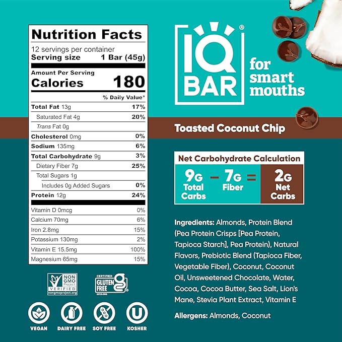 IQBAR Brain and Body Plant Protein Bars - Toasted Coconut Chip - 36-Count - Keto, Vegan, Low Carb, High Fiber, Gluten Free, Dairy Free, Low Sugar Snack with Nutrients for Focus, Energy, Meal Replacement