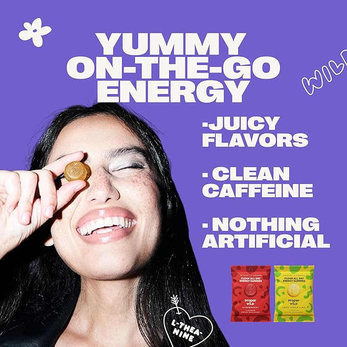 Proper Wild Vegan Energy Gummies with L-Theanine & Organic Caffeine, Clean Energy & Focus, Plant-Based, Gluten-Free, Non-GMO, Dairy-Free, Stevia-Free, Soy-Free, Strawberry (10-Pack)