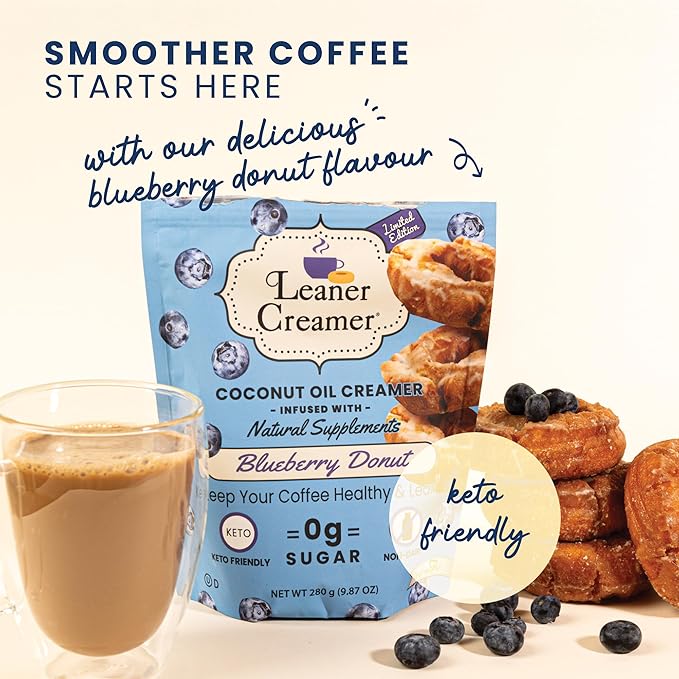 Leaner Creamer Coconut Creamer with Superfood Ingredients – Non-Dairy, Sugar-Free, Keto, Gluten-Free Powdered Coffee Creamer – Blueberry Donut – 280g