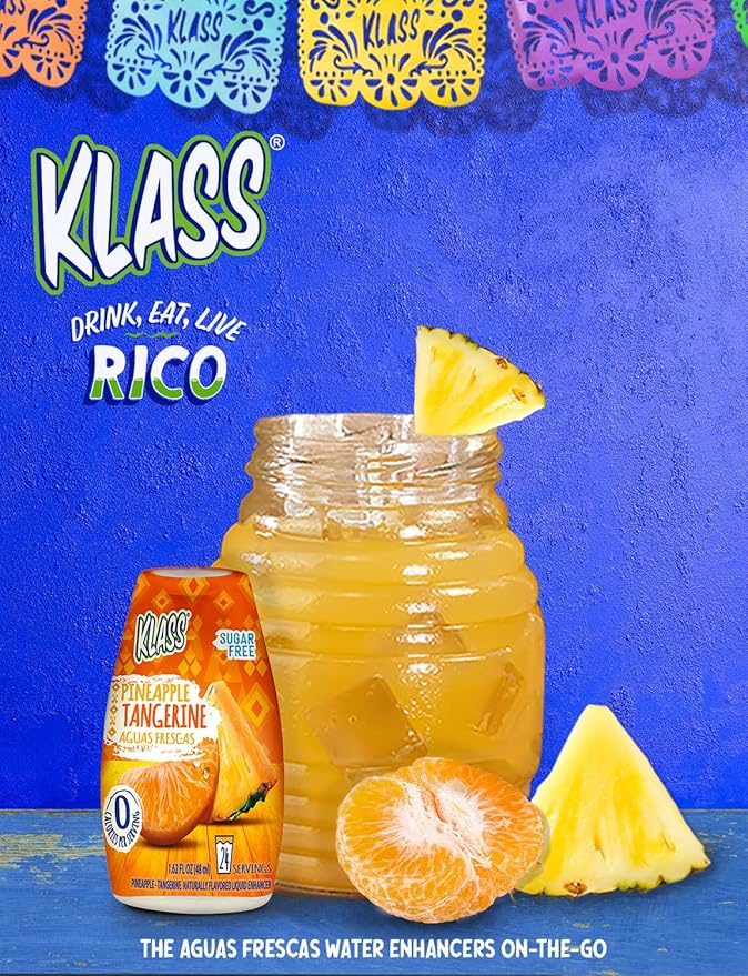 Klass Aguas Frescas | Liquid Water Enhancer | Sugar Free Naturally Flavored Pineapple Tangerine, Keto Friendly |1.62 Oz Pack of 4 (Makes 24 servings each) 0 Calories Per Serving