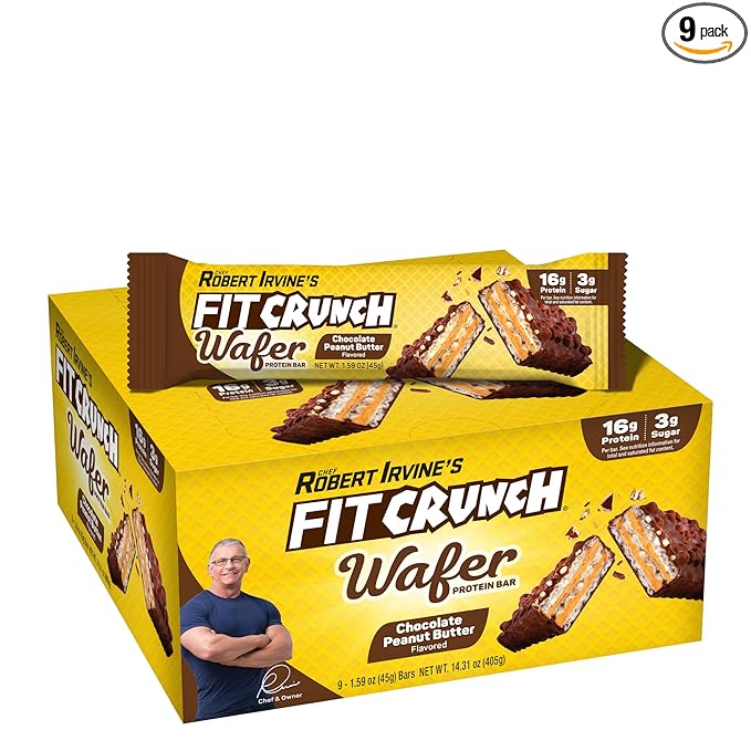 FITCRUNCH Wafer Protein Bars, 16g of Protein & 3g of Sugar (9 Bars, Chocolate Peanut Butter)