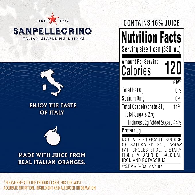 Sanpellegrino Italian Sparkling Drink Aranciata, Sparkling Orange Beverage, 24 Pack Of Cans