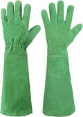 HANDLANDY Leather Gardening Gloves, Thorn Proof Long Gauntlet Heavy Duty Garden Gloves, Elbow Length Rose Pruning Weeding Yard Glove (Medium, Green)