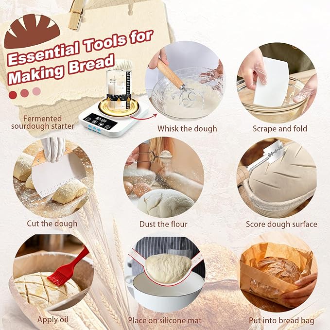 Sourdough Starter Kit with Warmer, Glass Jar and Banneton Bread Proofing Basket - Complete Sourdough Bread Baking Supplies, Sour Dough Making Essentials Tools, Gift for Bakers Beiginner Women Wife Mom