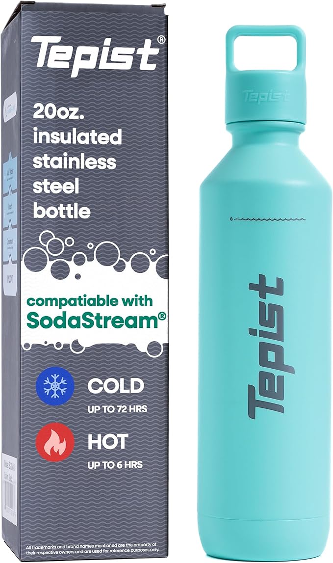 TwentyO 20oz Stainless Steel Bottle Compatible with Sodastream Machines | Powder Coated Teal | Vacuum Sealed | Double Walled | Leak-Proof | Easy to Carry | Reusable Bottle