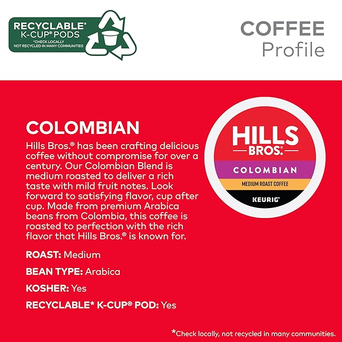 Hills Bros. Colombian Blend Keurig K-Cup Pods for Keurig Brewers – Medium Roast Premium Arabica Blend, Kosher – 1 Pack of 12 Single Serve Pods