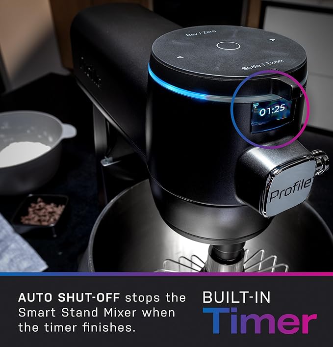 GE Profile Smart Stand Mixer w/Built-In Smart Scale & Auto Sense Technology, 7qt Stainless Steel Bowl, 11 Speed l Dough Hook, Beater, 11-wire whip l works w/Amazon Alexa & Google Home l Mineral Silver