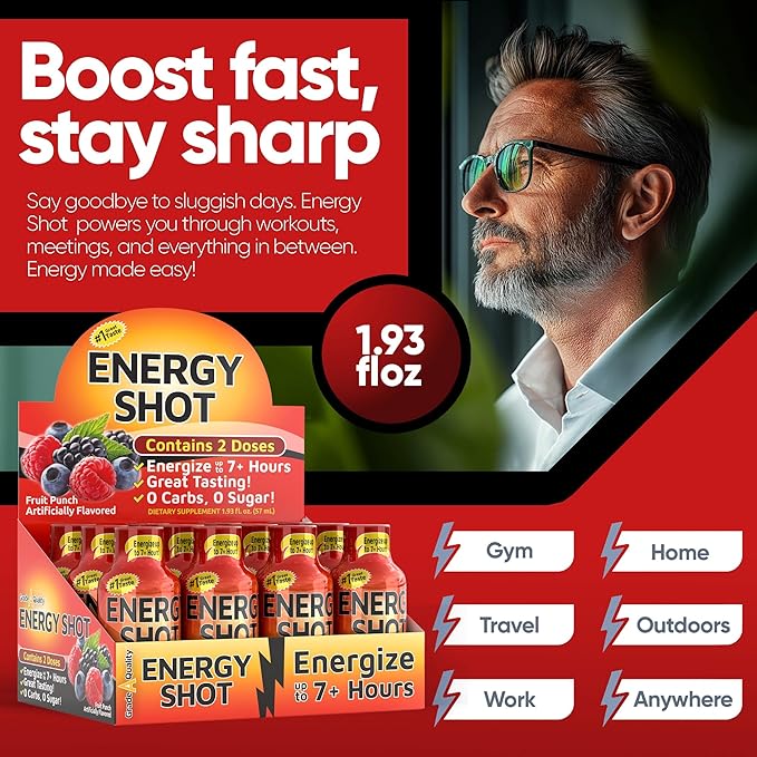 Fruit Punch Extra Strength Energy Shot 12 pk – 260mg Natural Caffeine B12 B6 – Energy & Focus Support – 2 Servings Sugar Free Zero Calorie Green Tea B-Vitamins Electrolytes Vegan – 1.93 fl oz