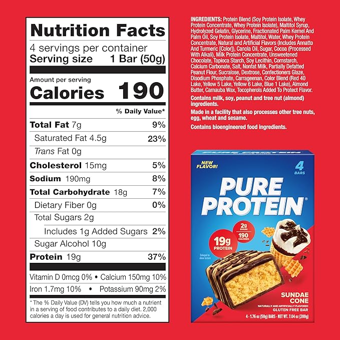 Pure Protein Bars, High Protein, Nutritious Snacks to Support Energy, Low Sugar, Gluten Free, Sundae Cone, 1.76oz, Pack of 4