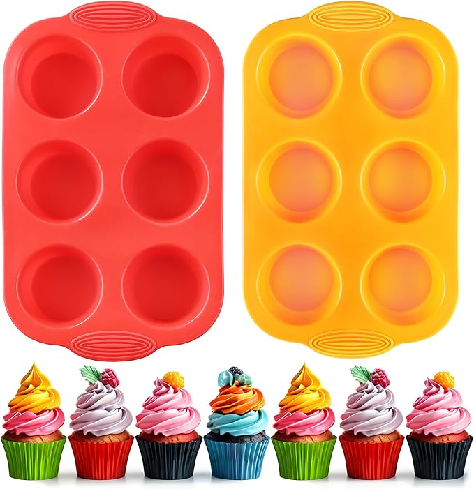 2PCS Silicone Muffin Cupcake Pan Molds, 6-Cavity Non Stick Silicone Muffin Pans for Baking Muffin, Cupcakes, Brownies and More, Food Grade and BPA Free (Orange and Red)