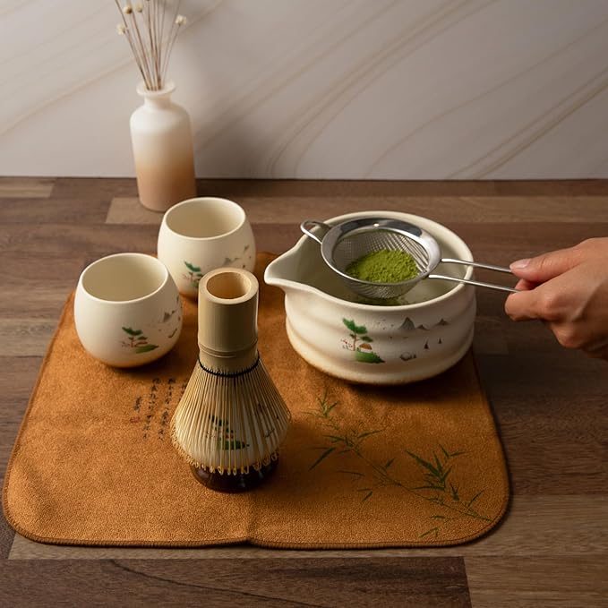 Marce Matcha Whisk Set- Matcha Set includes Matcha Whisk and Bowl (Bowl with Spout), Sifter, Holder and Scoop- The Perfect Bamboo Whisk for Matcha Tea (Cream- 7PC)