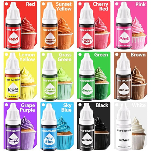 12 Color Gel Food Coloring Liquid Set-KATSPRO Food Grade Tasteless Vibrant Kids Food Coloring Dye for Baking Icing Cake Decorating Cookie Fondant, Frosting, Cookies, Christmas Baking, Easter Egg and DIY Supplies Kit - 0.25 Fl.oz(6ml)/Bottles