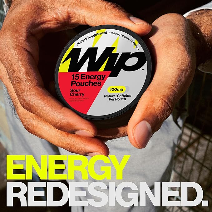 Wip Energy Pouches | 100mg Natural Caffeine | Vitamins and Minerals | Sour Cherry | 15 Pouches Per Can | 3 Cans