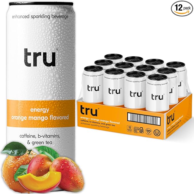 Tru Energy Seltzer, Sparkling Water with Natural Caffeine, Orange Mango Juice, Green Tea Extract & B Vitamins, Lightly Carbonated Energy Drink, Gluten Free, Vegan, Low Calorie, 12 FL OZ Cans, 12 Pack