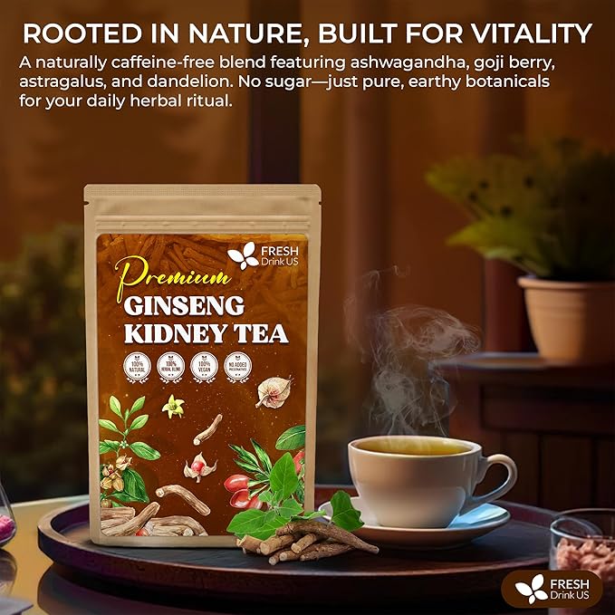 FreshDrinkUS, Ginseng 6 Treasures Kidney Tea, 30 Packs Of Super Kidney Cleanse Detox Tea For Men & Women, 100% Natural Roots & Berries | Caffeine-Free | Adaptogenic Blend for Energy, Wellness & Vitality Support