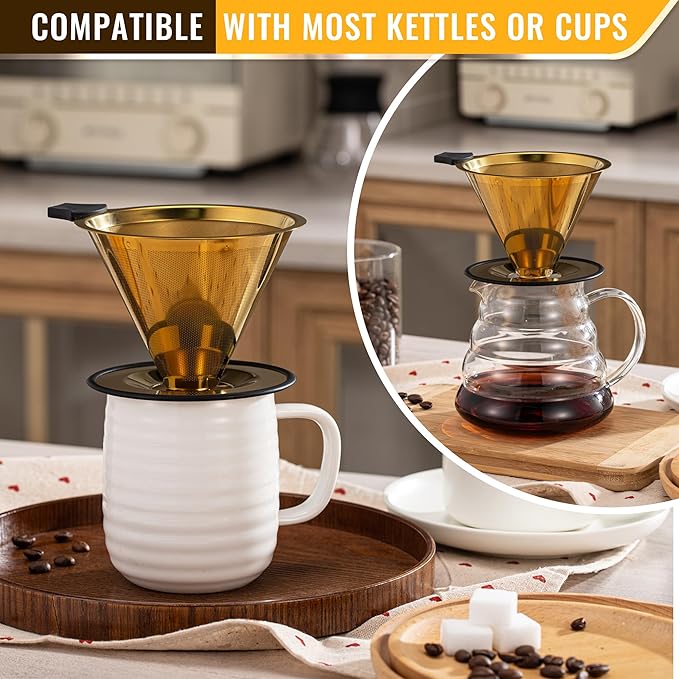 Pour Over Coffee Dripper INSINTAR Stainless Steel ReusablePour Over Drip Coffee Filter Paperless Coffee Strainer Single Cup Coffee Maker 1-4 Cup (Titanium Gold)