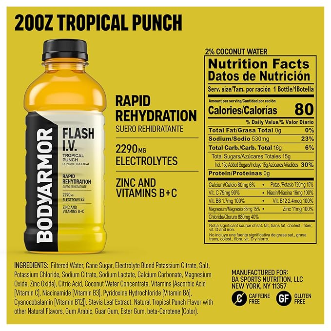 BODYARMOR Flash I.V. Electrolyte Beverage, Tropical Punch, Hydration Drink with Coconut Water For Rapid Rehydration, Post Workout Recovery, 20 Fl Oz (Pack of 12)