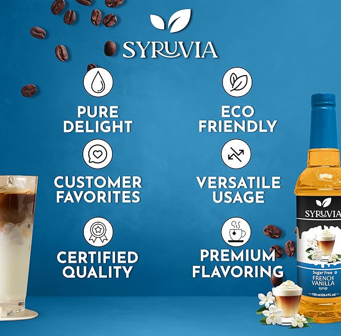 Syruvia Sugar Free Coffee Syrup, French Vanilla Flavored Syrup for Drinks, Lattes, and Desserts – 25.4 fl oz, With Pump