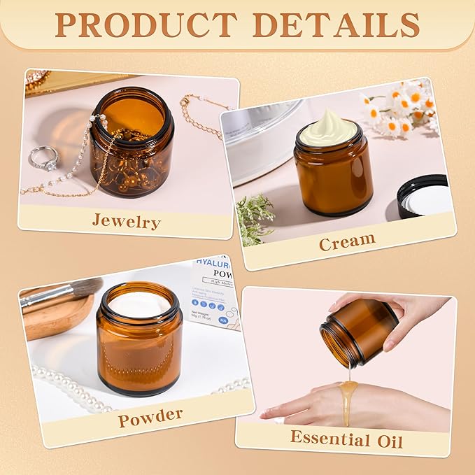 Glass Jars with Lids,Eco-Friendly Cosmetic Containers with Airtight Black Lids & Liners, Multi-Color Options for Cream, Lotion, Body Butter, DIY Skincare Travel Jars (Amber, 4oz)