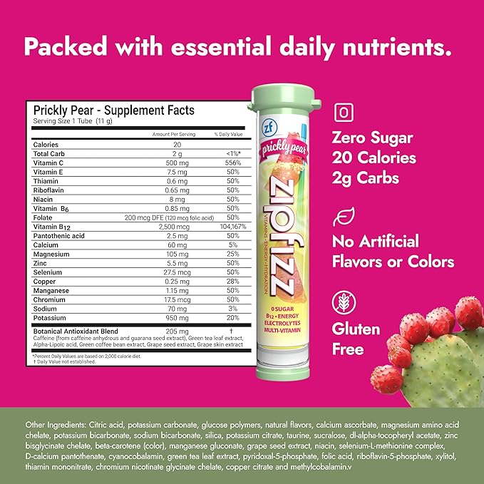 Zipfizz Daily Energy Drink Powder, Prickly Pear, 20 Pack | 3-in-1 Sustained Energy, Rapid Hydration, and Essential Vitamins | Sugar-Free | Electrolyte Powder | Contains Vitamin B-12 & Antioxidants