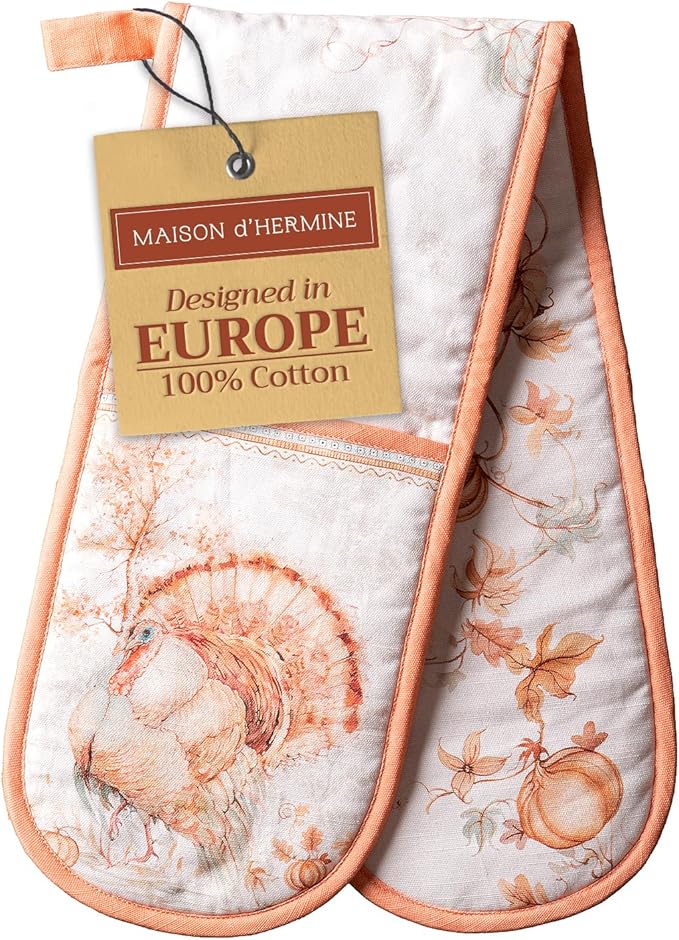 Maison d' Hermine Double Oven Mitts 100% Cotton 7"x35" Double Oven Mitt Heat Resistant BBQ Cooking Gloves with Loop, Baking, Grilling, Home, Kitchen, Handling Hot Pans (Giving Thanks)