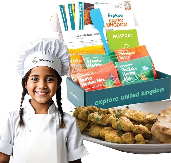 eat2explore Cooking Kits for Kids – Interactive & Educational Kids Cooking Sets Real for Ages 5 and Up,3 Recipe Cards & Global Ingredients – Fun Gift for Young Chefs (UK Edition)