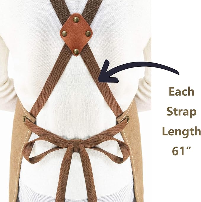 AFUN Chef Aprons for Men Women with Large Pockets, Cotton Canvas Cross Back Heavy Duty Adjustable Work Apron, Size M to XXL (Brown)