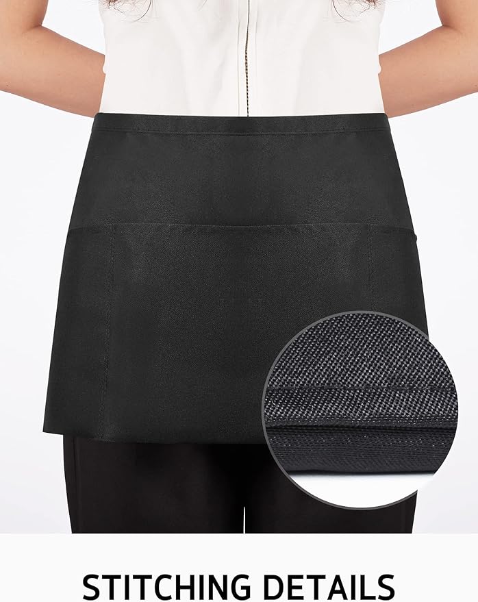 Syntus 2 Pack Server Apron with 3 Pockets, Waterdrop Resistant Waitress Waiter Waist Apron, 11.5-inch Black