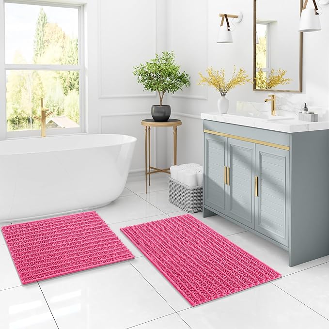 Arotive Luxury Chenille Bathroom Rug Mat, Extra Soft Thick Absorbent Shaggy Bath Rugs, Non-Slip Machine Wash Dry, Plush Bath Mats for Bathroom, Shower and Tub, 47x24, Deep Pink