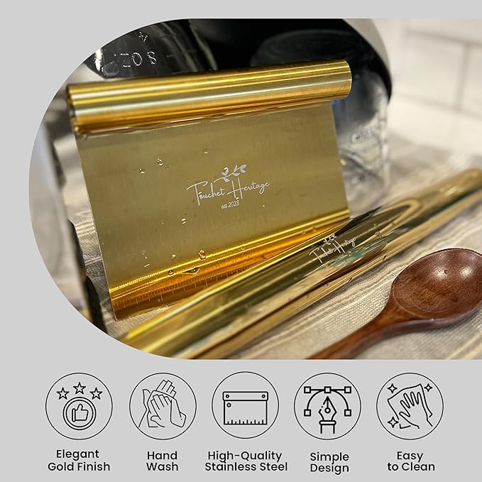 French Rolling Pin and Dough Scraper Set | Gold Bench Scraper Tool | Rolling Pin For Dough | Bread Making Accessories | Metal Bread Dough Cutter | Sourdough Scraper | Rolling Pin for Baking, small