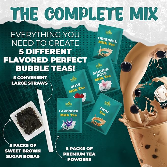 Fusion Select Authentic Bubble Tea Kit Extra Rich (5 Packs) Bubble Tea Drink, Boba Tapioca Pearl, Straws, Popular Bubble Tea Flavors (10 Flavors)
