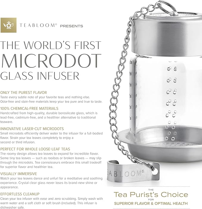 Teabloom Elegant Borosilicate Glass Loose Tea Infuser – Perfect for Whole-Leaf White, Green, Oolong, Black & Herbal Teas – Lead-Free – Small or Large Size