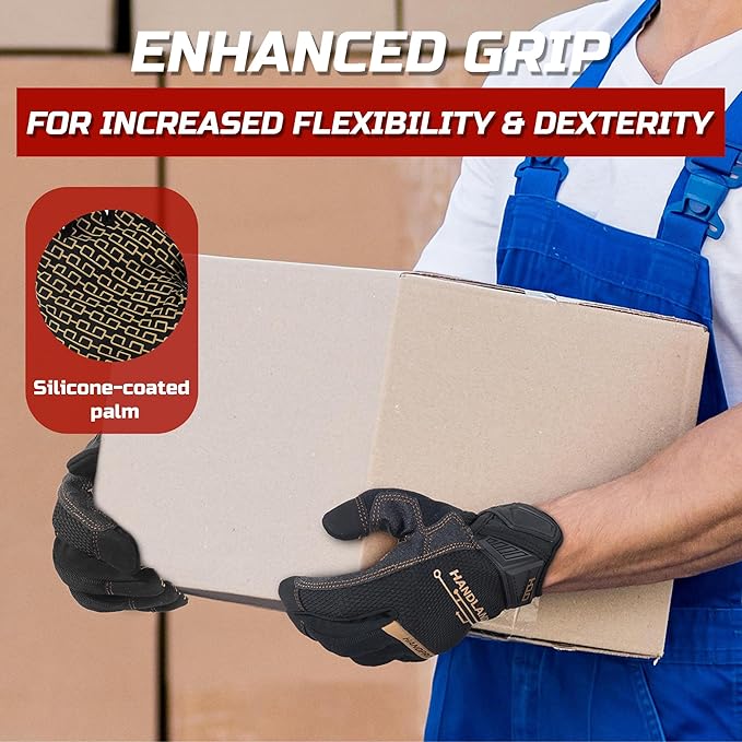 HANDLANDY Mens Work Gloves Touch screen, Utility Mechanic Gloves, Flexible Breathable Fit- Padded Knuckles & Palm