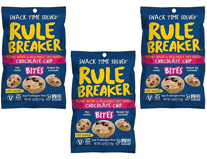 Rule Breaker Vegan & Gluten-Free Cookies | Chocolate Chip Bites | Plant-Based, Dairy, Nut, Soy, Allergen Free, Kosher | Great for School, Lunchbox, Office, Pantry | Soft-Baked, Better-For-You Cookie Bites (Pack of 3)