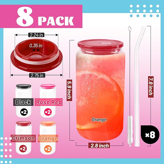 Joyclub 8pcs Glass Cups with Acrylic Lids and Straws 16 oz Can Shaped Glass Iced Coffee Cups with Lids and Straws, Cute Tumbler Cup Drinking Glasses for Smoothie Whiskey Boba Soda Tea Gift