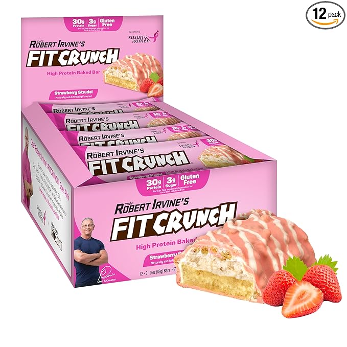 FITCRUNCH Full Size Protein Bars, 6-Layer Baked Bar, 3g of Sugar, Gluten Free & Soft Cake Core (12 Bars, Strawberry Strudel)