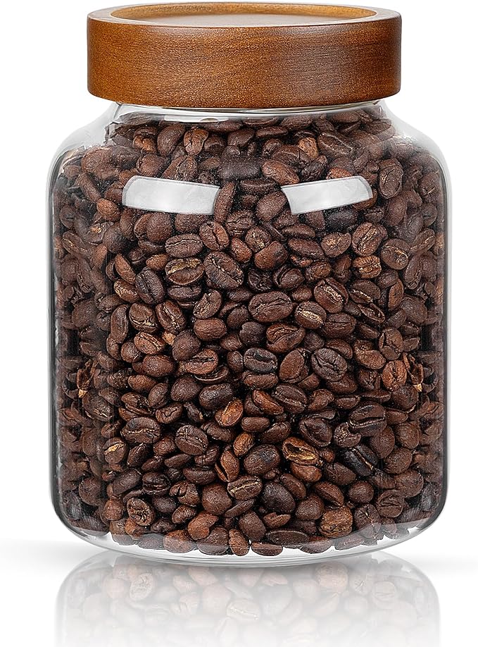 1PC Glass Storage Jars with Airtight Lids, 45 fl oz (1400ml) coffee container with Wooden Lid, Glass Pantry Canister for Beans, Rice, Sugar and etc