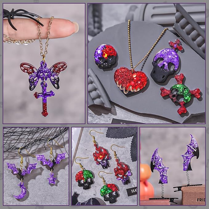 Halloween Resin Earrings Mold 3pcs Resin Jewelry Molds, Various Skull Silicone Molds Wing Hair Clips Mould, DIY Epoxy Ornaments Earring Pendants Necklaces Keychain Making Kit Holiday Gifts