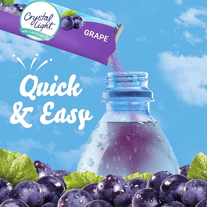 Crystal Light Grape Naturally Flavored Powdered Drink Mix with Caffeine, 120 ct Pack, 4 Boxes of 30 On-the-Go Packets