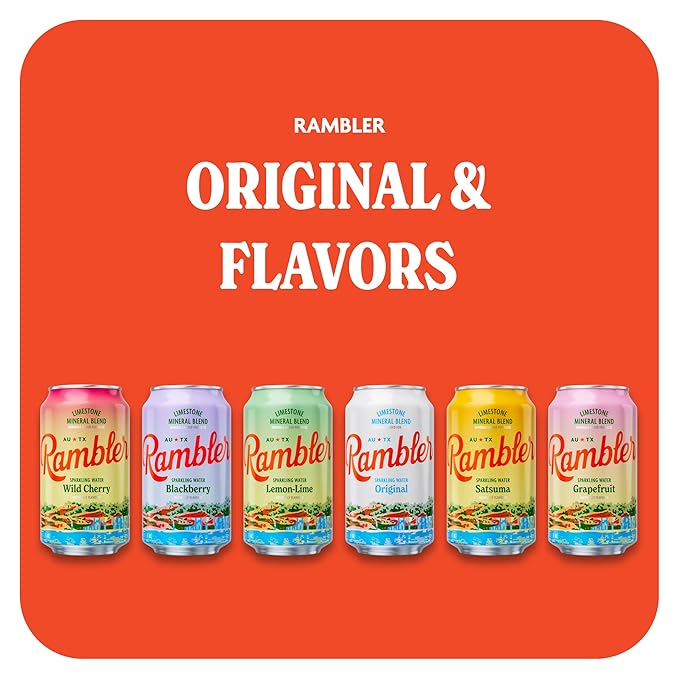 AUTX RAMBLER Sparkling Water, Texas Limestone Mineral Blend, Original Natural Flavor, 12-Ounce Cans, Three 8-Packs (24 Cans)