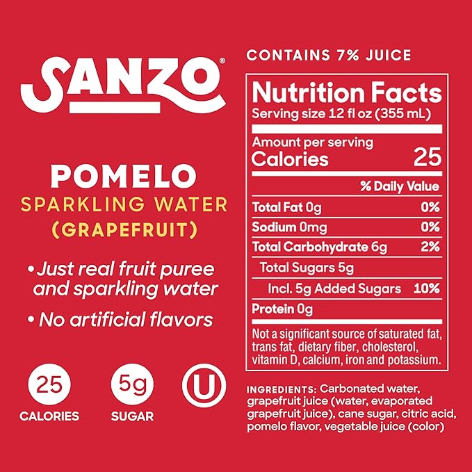 Sanzo Flavored Sparkling Water - Pomelo Grapefruit Soda - Low Calorie Low Sugar Soda - Craft Asian Drinks - Vegan Gluten Free Carbonated Flavored Water - Fizzy Bubbly Healthy Drinks - 12oz, 12 Pack