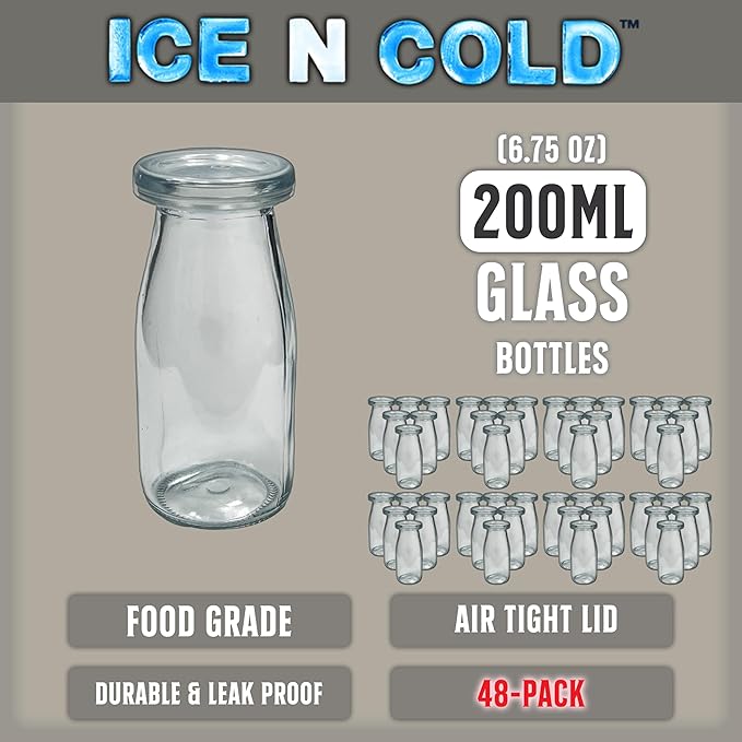 6.76 oz / 200ml Vintage Glass Bottle with Leakproof Clear Lid, Reusable & Eco-Friendly – Ideal for Milk, Juices, Smoothies, Infused Water, BPA-Free Glass Bottle (48-Pack)