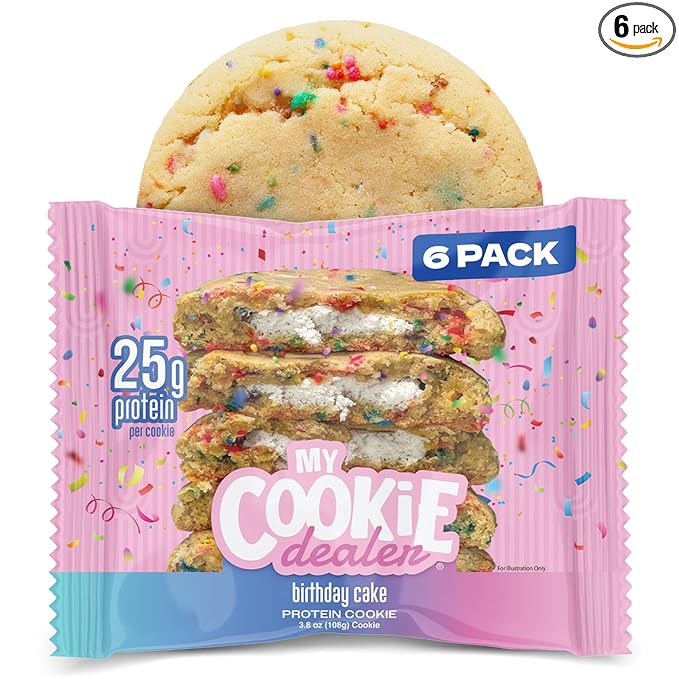 My Cookie Dealer Protein Cookies, Birthday Cake (6-Pack, 3.8oz Each) - 25g of Protein per Cookie - Individually Wrapped Workout Snacks for On-The-Go Travel