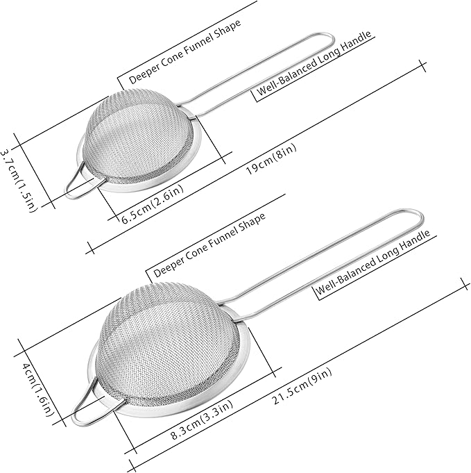 2 Pack Fine Mesh Strainers, Mini Stainless Steel Strainer with Handle for Kitchen, Metal Sieve Sifters for Straining Tea, Matcha, Cocktail, Juice and Coffee (8.6in 7.5in)
