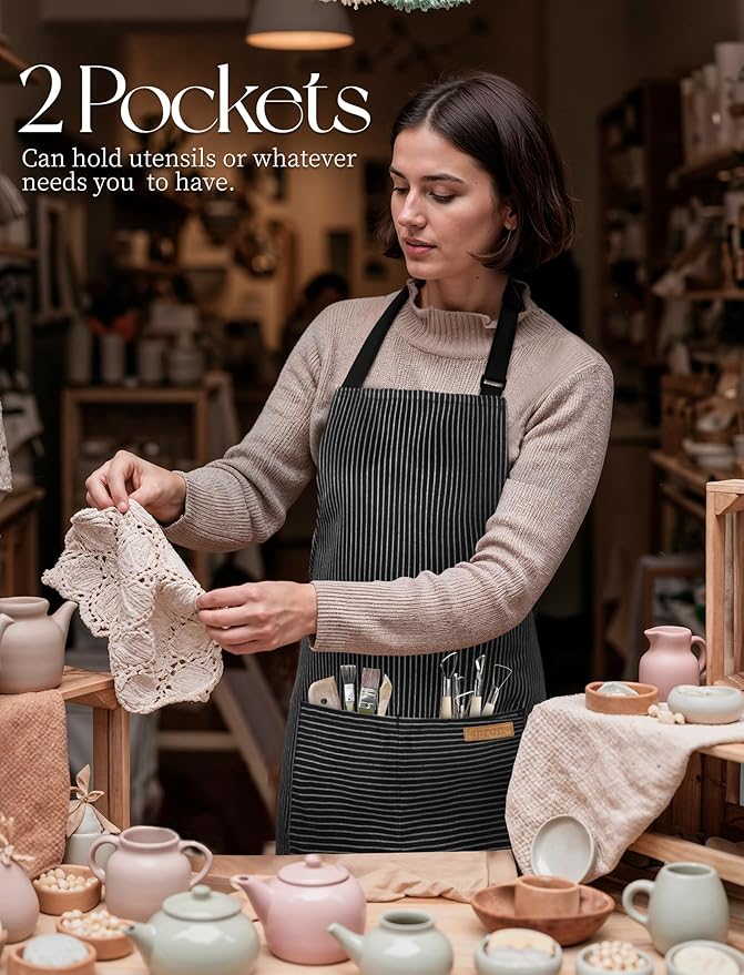 2 Pack Kitchen Cooking Aprons, Soft Aprons for Women Men with 2 Pockets Chef Apron with Adjustable Neck Strap and Long Tie