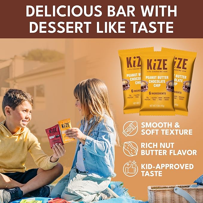 KiZE Energy Bars - Peanut Butter Chocolate Chip - 30-Count - Gluten Free, Dairy Free, Non-GMO, and High Protein Meal Replacement Energy Bars, Clean and Simple Food Ingredients - 10g High Protein Snacks (30 Count)