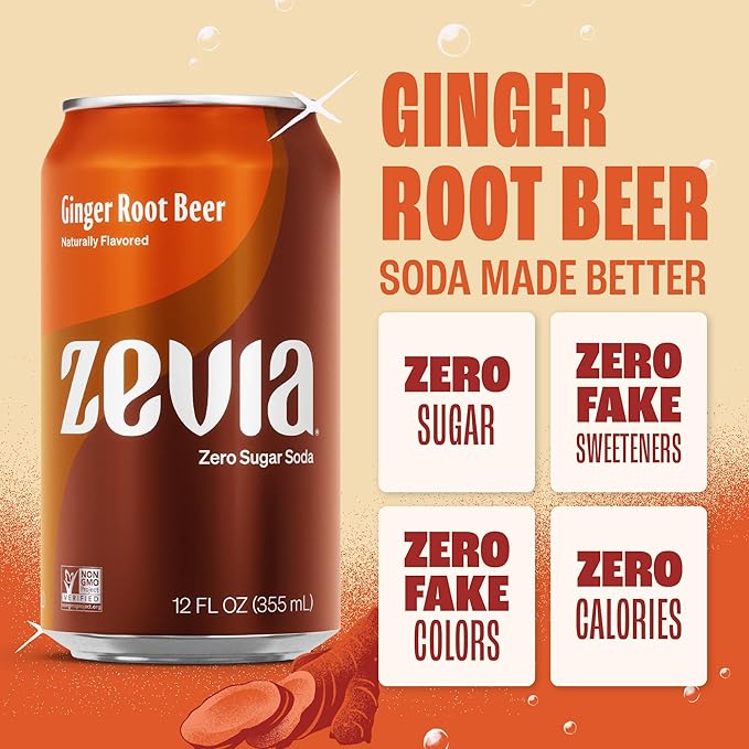 Zevia Zero Sugar Soda, Ginger Root Beer, 12 oz Cans (24-Pack) – Naturally Sweetened, Zero Calorie Sugar Free Soda - Non-GMO Project Verified, Gluten-Free, Vegan